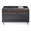 ILVE 60-Inch Nostalgie II Natural Gas Dual Fuel Range with 9 Burners, Griddle, and Solid Door Oven in Matte Graphite with Copper Trim (UP60FQNMPMGP)