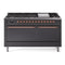 ILVE 60-Inch Nostalgie II Natural Gas Dual Fuel Range with 9 Burners, Griddle, and Solid Door Oven in Matte Graphite with Copper Trim (UP60FQNMPMGP)