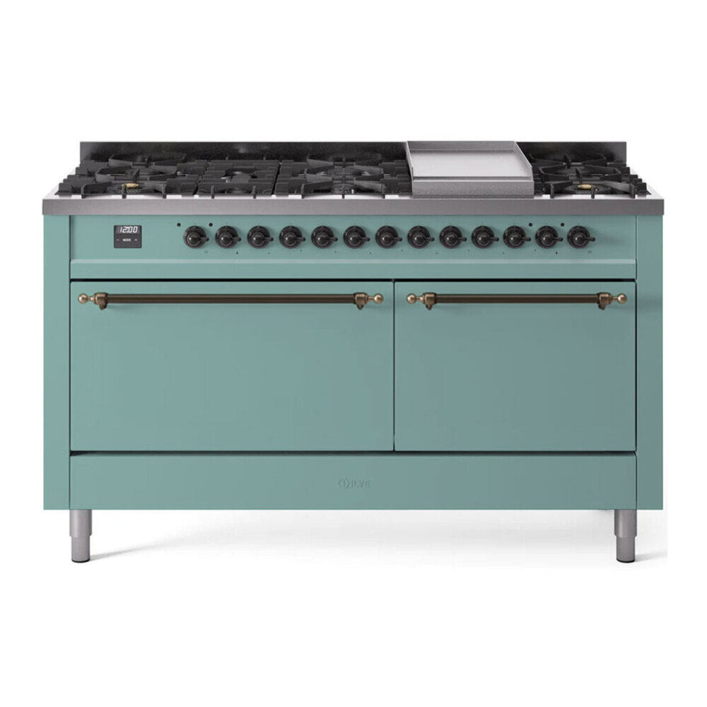 ILVE 60-Inch Nostalgie II Propane Gas Dual Fuel Range with 9 Burners, Griddle and Solid Door Oven in Mediterranean Mint with Burnished Bronze Trim (UP60FQNMPMMBLP)