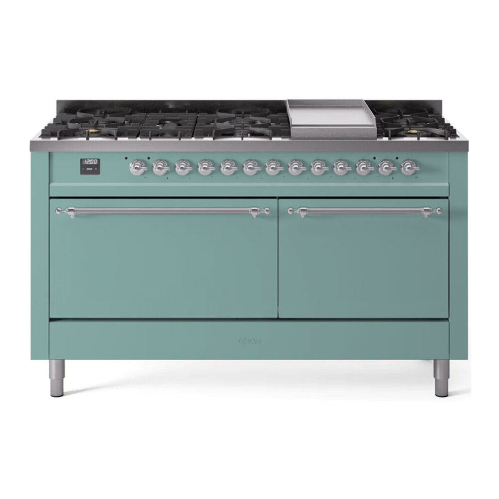 ILVE 60-Inch Nostalgie II Natural Gas Dual Fuel Range with 9 Burners, Griddle and Solid Door Oven in Mediterranean Mint with Chrome Trim (UP60FQNMPMMC)