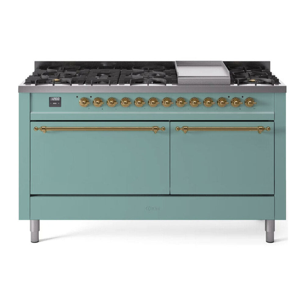 ILVE 60-Inch Nostalgie II Natural Gas Dual Fuel Range with 9 Burners, Griddle and Solid Door Oven in Mediterranean Mint with Brass Trim (UP60FQNMPMMG)
