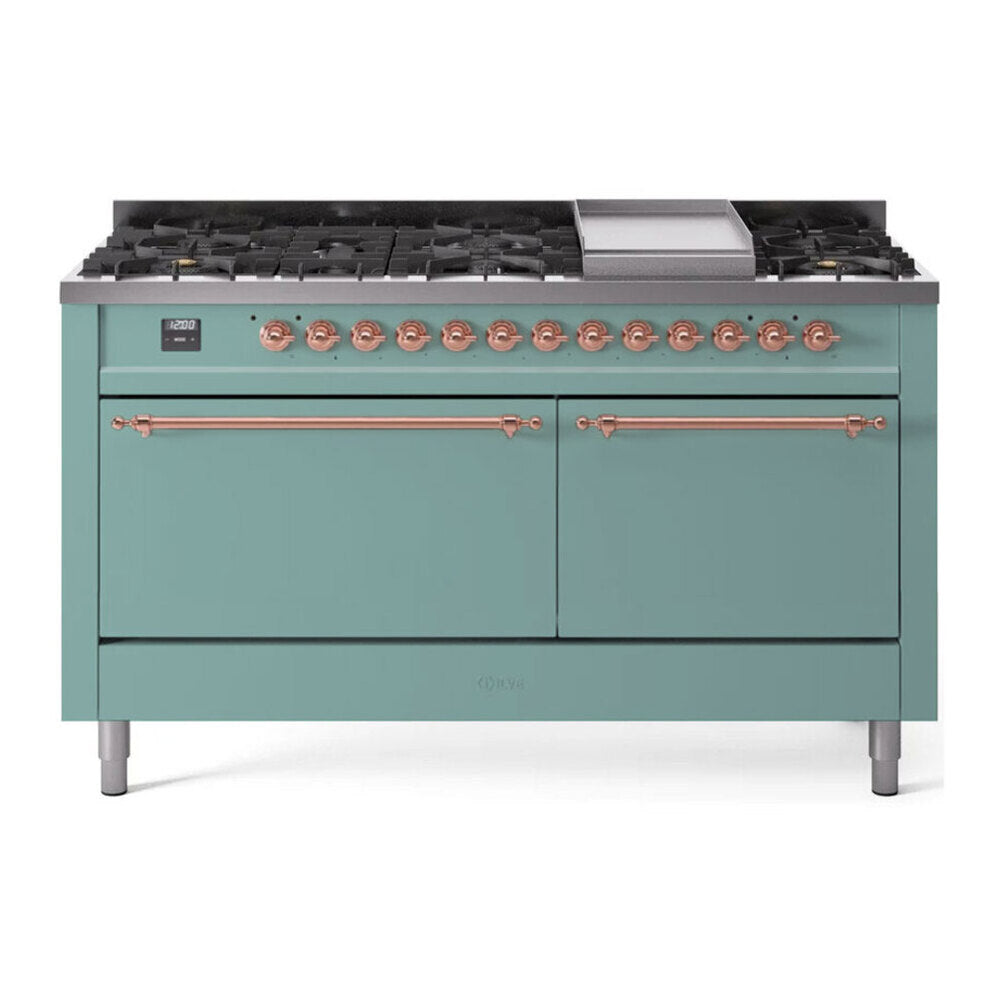 ILVE 60-Inch Nostalgie II Natural Gas Dual Fuel Range with 9 Burners, Griddle and Solid Door Oven in Mediterranean Mint with Copper Trim (UP60FQNMPMMP)