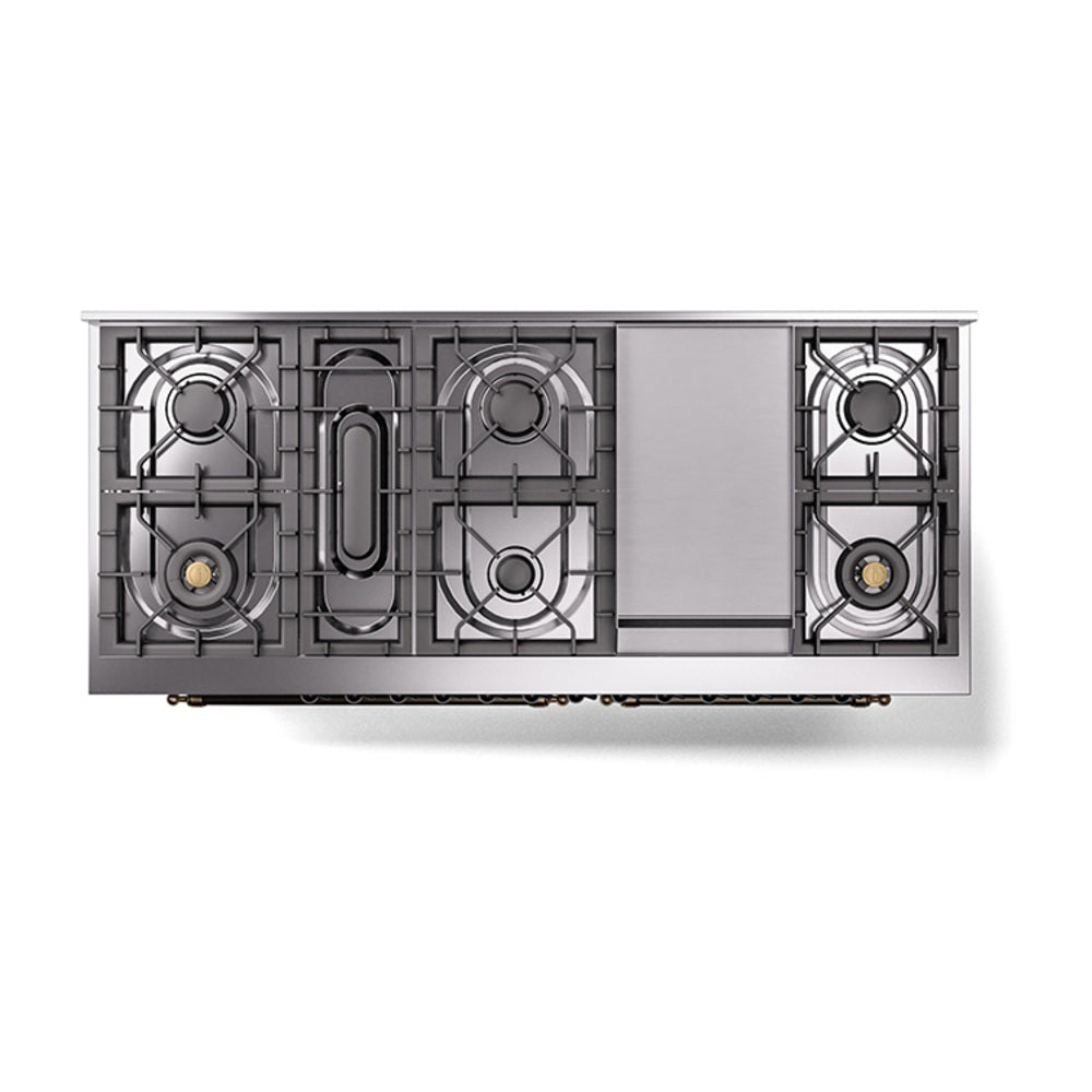 ILVE 60-inch dual-fuel range cooktop with four burners and central griddle opening