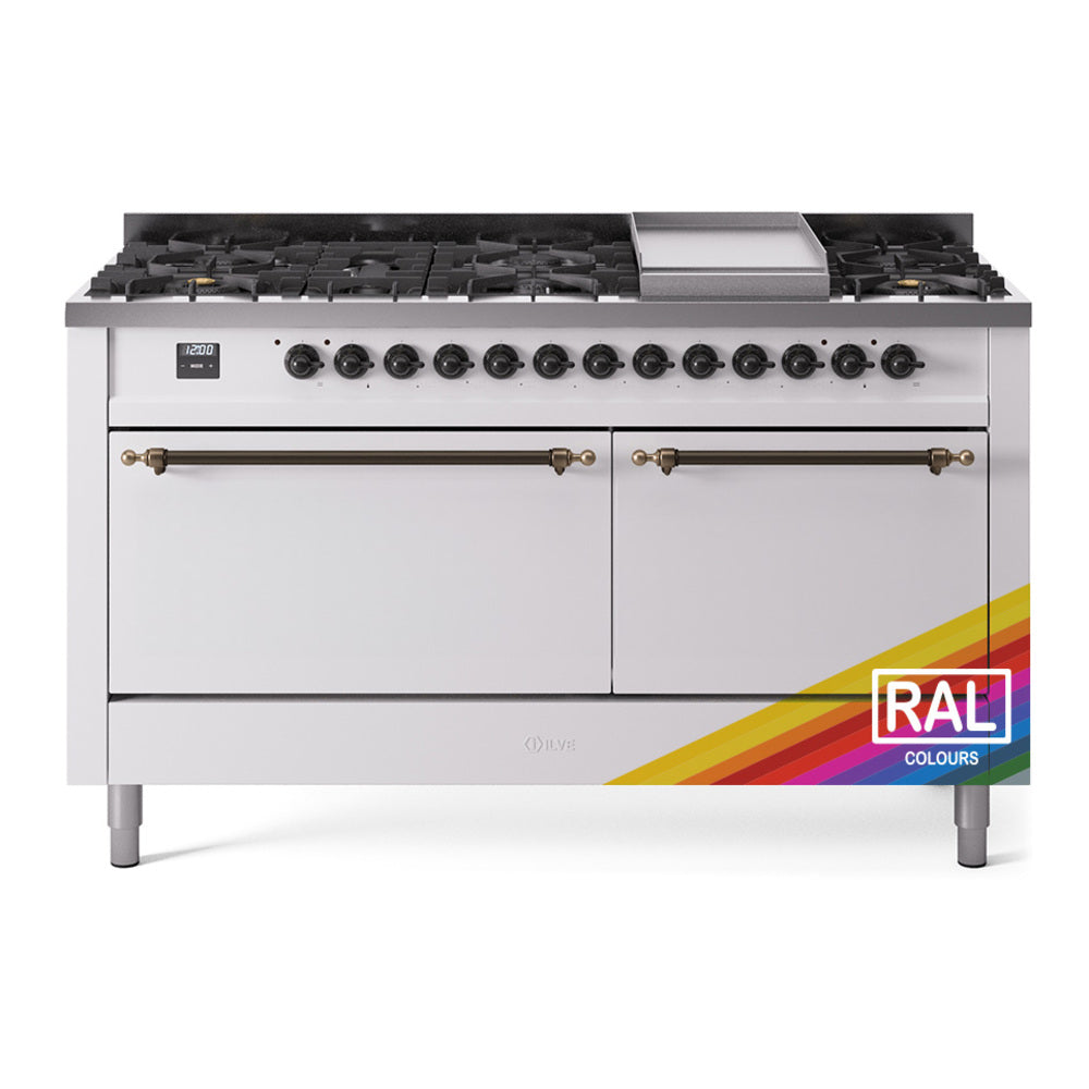 Bronze-trim gas range with griddle, black grates, and front control knobs on white body