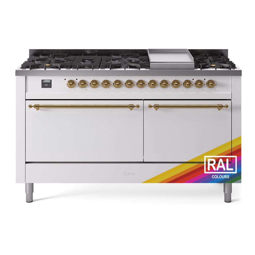 60-inch dual fuel gas range with brass-trim knobs, griddle, and two oven doors, white