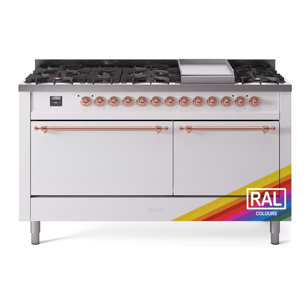 Dual-fuel range with 9 burners, copper-trim control knobs, and solid oven doors