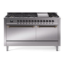 ILVE 60-Inch Nostalgie II Natural Gas Dual Fuel Range with 9 Burners, Griddle, and Solid Door Oven in Stainless Steel with Bronze Trim (UP60FQNMPSSB)