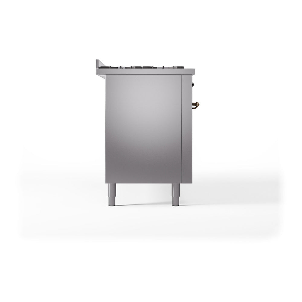 Stainless steel range side panel with bronze-trim control knobs and ports