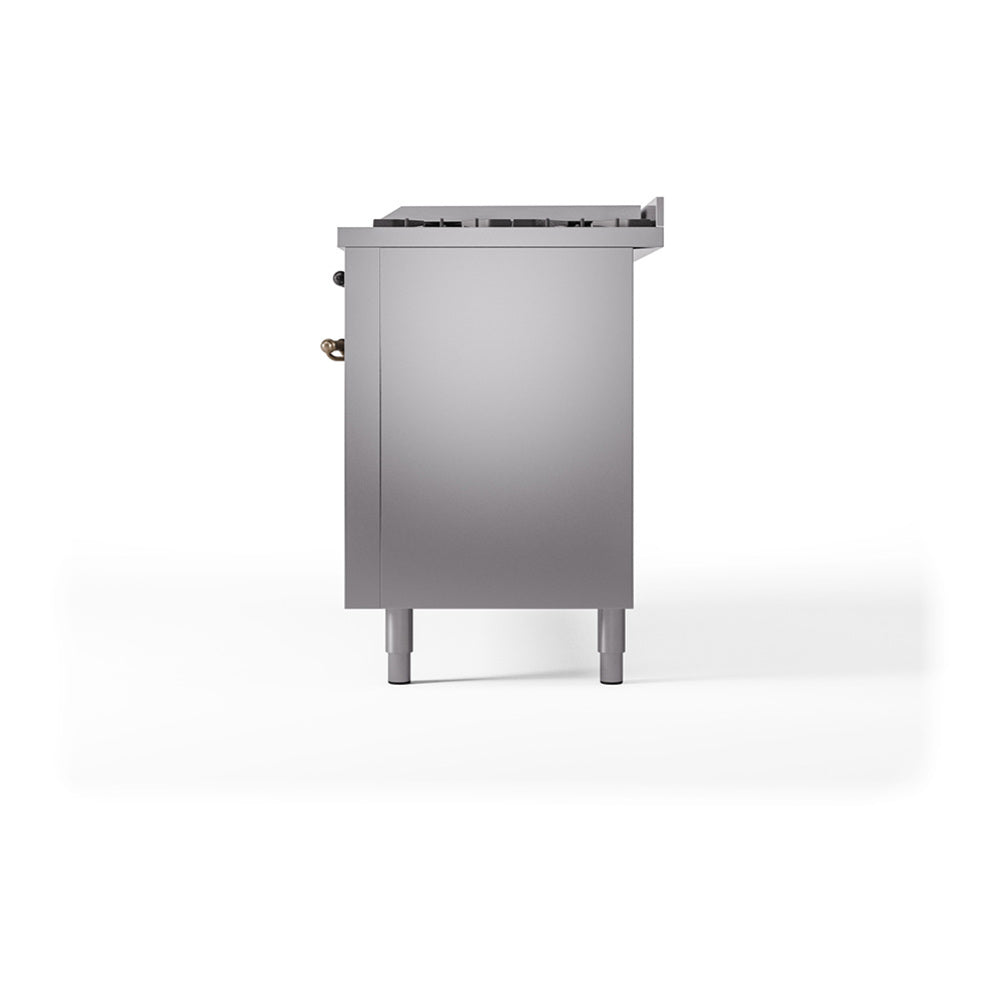 Stainless steel range rear panel with bronze-trim fittings and side legs