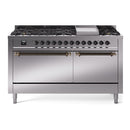 ILVE 60-Inch Nostalgie II Propane Gas Dual Fuel Range with 9 Burners, Griddle, and Solid Door Oven in Stainless Steel with Bronze Trim (UP60FQNMPSSBLP)