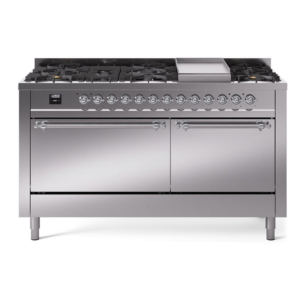 Stainless steel dual fuel range with 9 gas burners, griddle, and chrome control panel