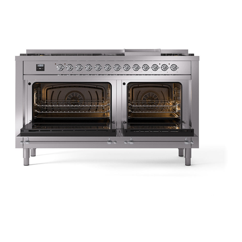 Stainless dual-fuel gas range with two open ovens and visible oven interiors