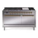 ILVE 60-Inch Nostalgie II Natural Gas Dual Fuel Range with 9 Burners, Griddle, and Solid Door Oven in Stainless Steel with Brass Trim (UP60FQNMPSSG)