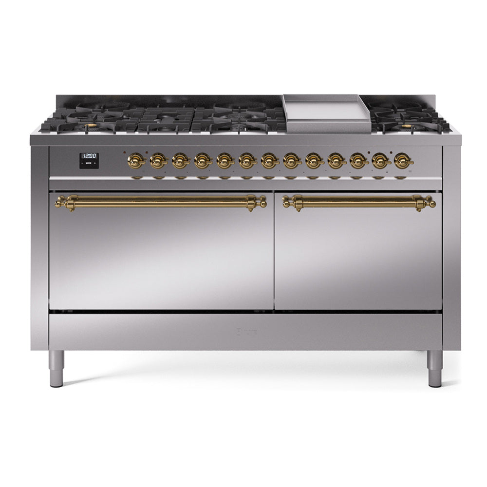 Stainless steel dual fuel gas range with brass-trim control knobs and open griddle