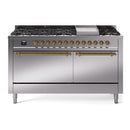 ILVE 60-Inch Nostalgie II Propane Gas Dual Fuel Range with 9 Burners, Griddle, and Solid Door Oven in Stainless Steel with Brass Trim (UP60FQNMPSSGLP)