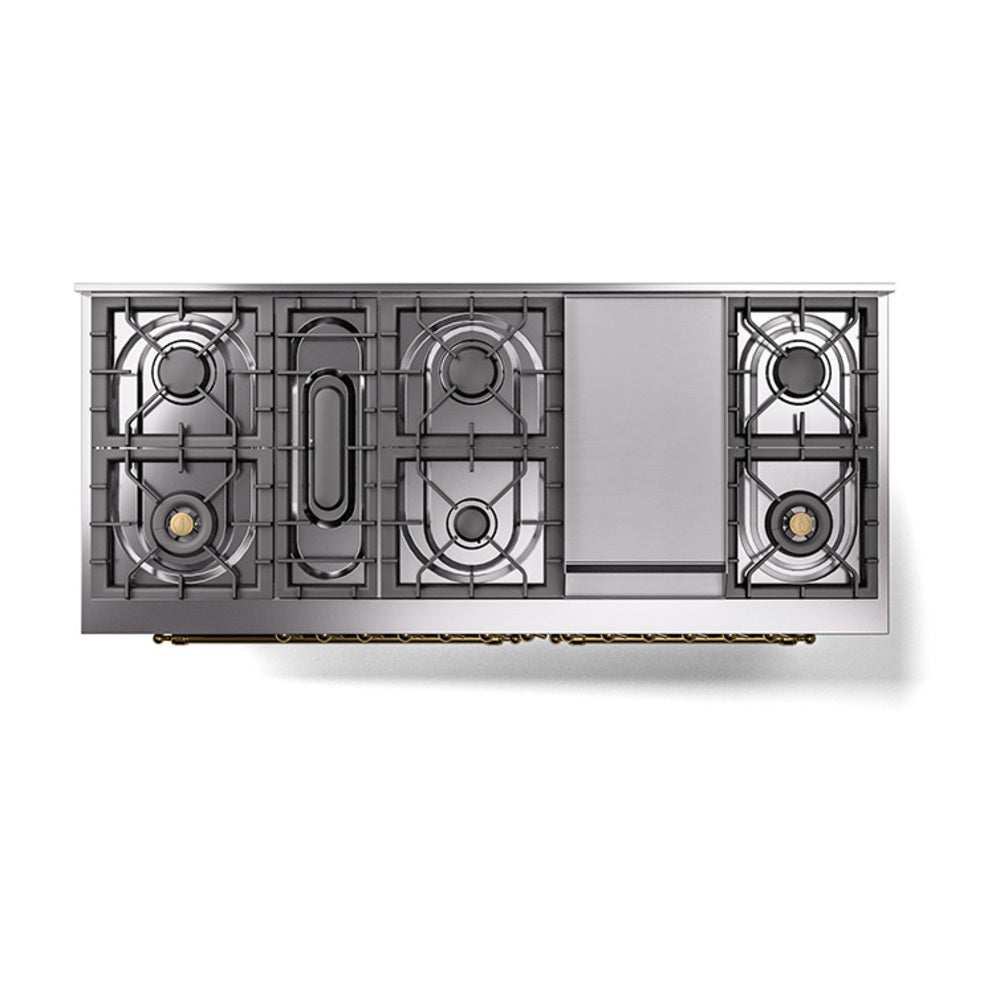 Dual fuel range cooktop burner layout with griddle section and burner grates