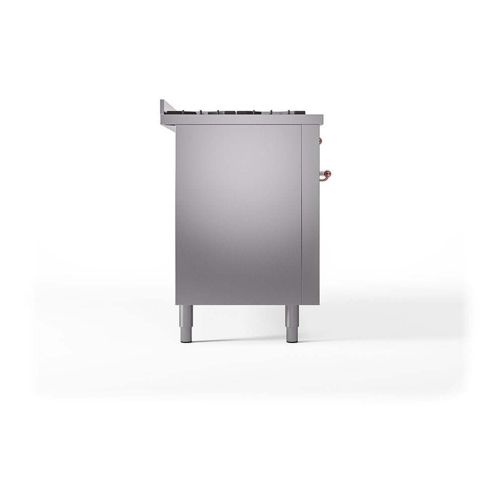 Stainless side panel of a dual fuel range with copper accents and adjustable legs