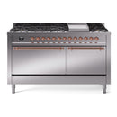 ILVE 60-Inch Nostalgie II Propane Gas Dual Fuel Range with 9 Burners, Griddle, and Solid Door Oven in Stainless Steel with Copper Trim (UP60FQNMPSSPLP)