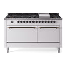 ILVE 60-Inch Nostalgie II Natural Gas Dual Fuel Range with 9 Burners, Griddle, and Solid Door Oven in White with Bronze Trim (UP60FQNMPWHB)