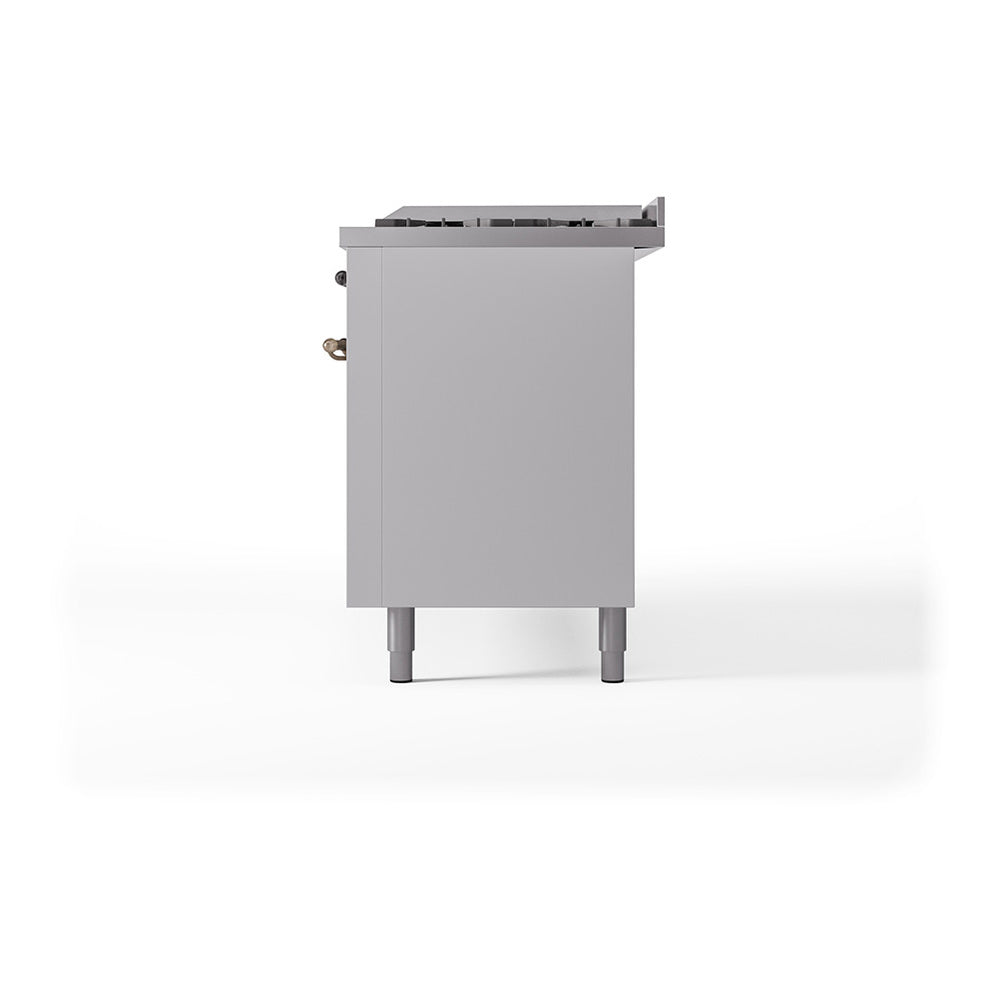 White rear/side panel of dual fuel range with bronze fittings and leveling legs