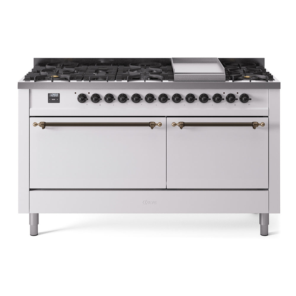 ILVE white dual fuel gas range with black grates, griddle, and bronze trim