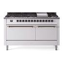 ILVE 60-Inch Nostalgie II Propane Gas Dual Fuel Range with 9 Burners, Griddle, and Solid Door Oven in White with Bronze Trim (UP60FQNMPWHBLP)