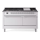 ILVE 60-Inch Nostalgie II Natural Gas Dual Fuel Range with 9 Burners, Griddle, and Solid Door Oven in White with Chrome Trim (UP60FQNMPWHC)
