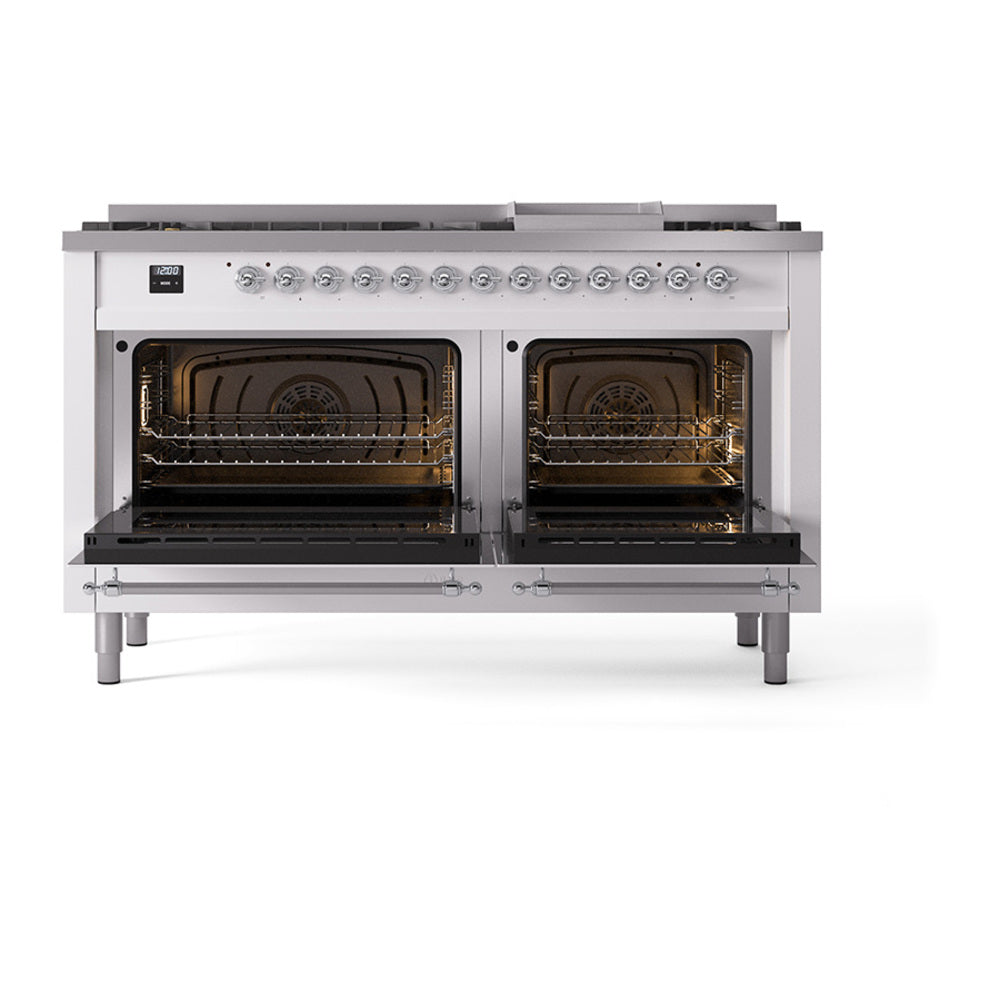 White ILVE dual fuel range with two open solid-door ovens and burner control knobs