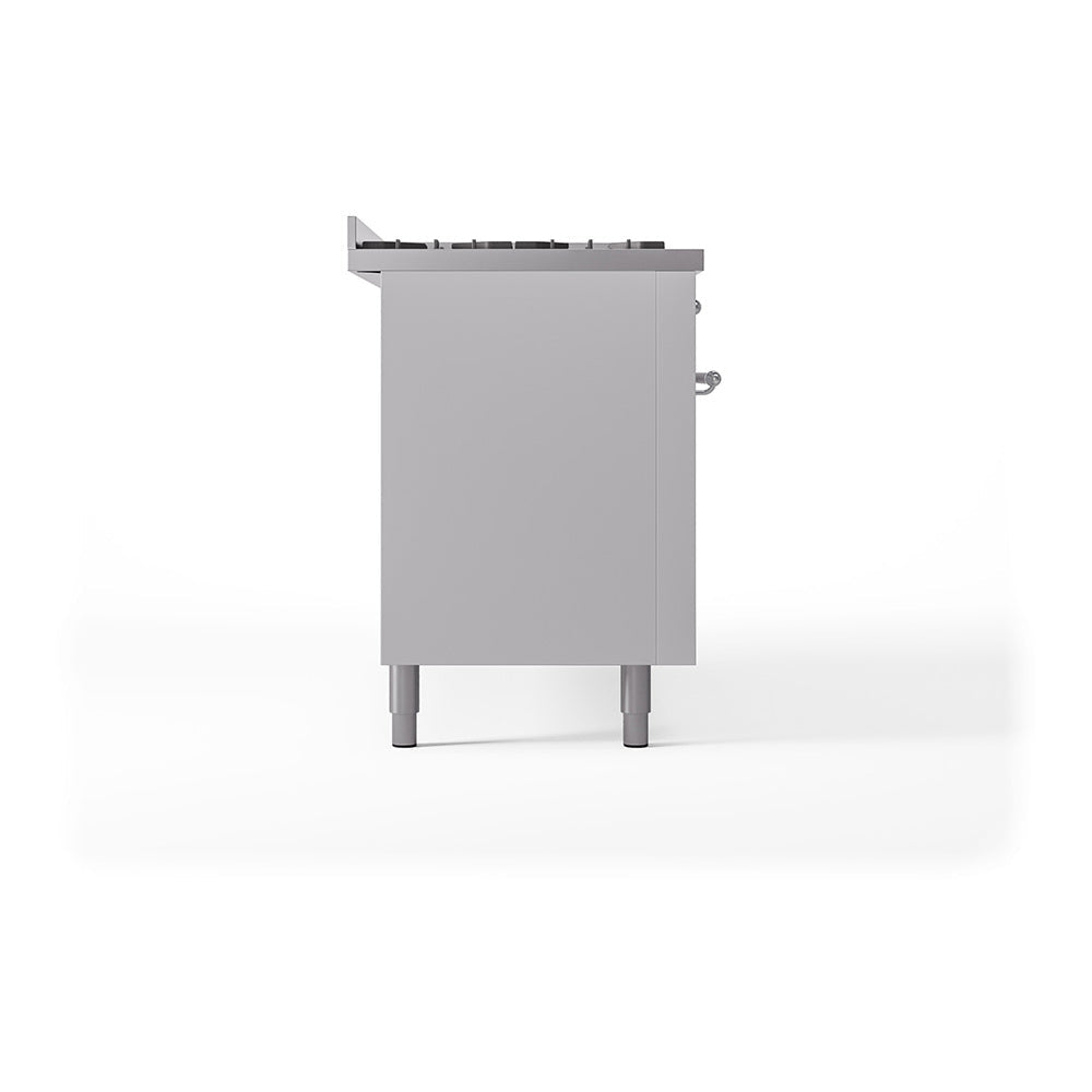 White ILVE range side panel with control knobs and leveling legs