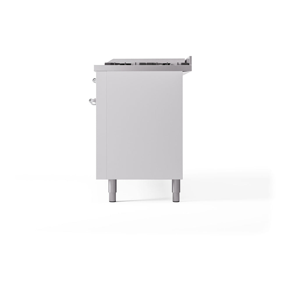White ILVE range rear panel with vented underside and leveling legs