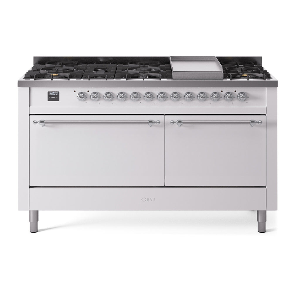 White ILVE dual fuel range with chrome trim, burners and center griddle