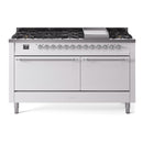 ILVE 60-Inch Nostalgie II Propane Gas Dual Fuel Range with 9 Burners, Griddle, and Solid Door Oven in White with Chrome Trim (UP60FQNMPWHCLP)