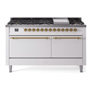 ILVE 60-Inch Nostalgie II Natural Gas Dual Fuel Range with 9 Burners, Griddle, and Solid Door Oven in White with Brass Trim (UP60FQNMPWHG)