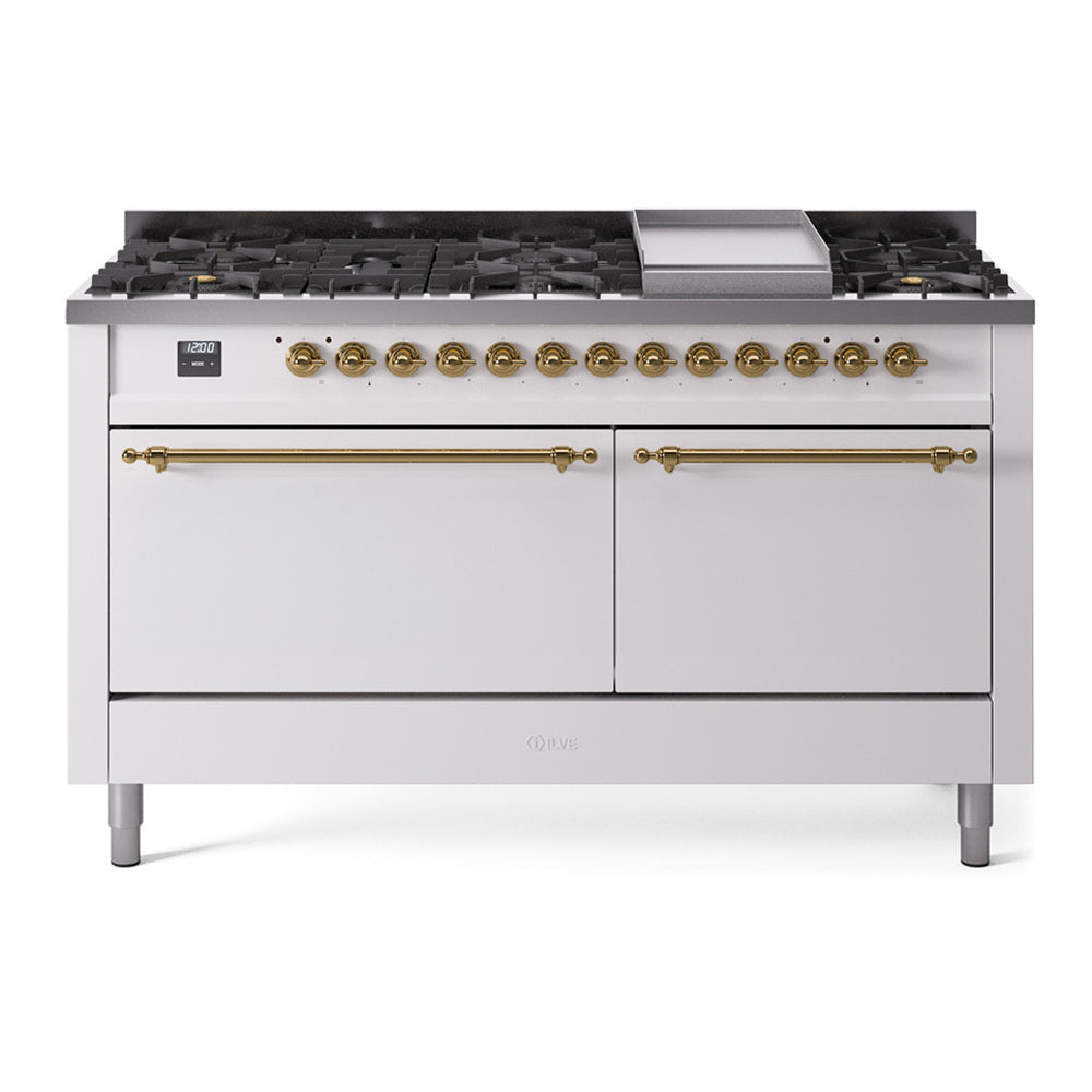 White dual fuel gas range with brass knobs, griddle, 9 burners, and two oven doors