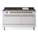 ILVE 60-Inch Nostalgie II Propane Gas Dual Fuel Range with 9 Burners, Griddle, and Solid Door Oven in White with Brass Trim (UP60FQNMPWHGLP)