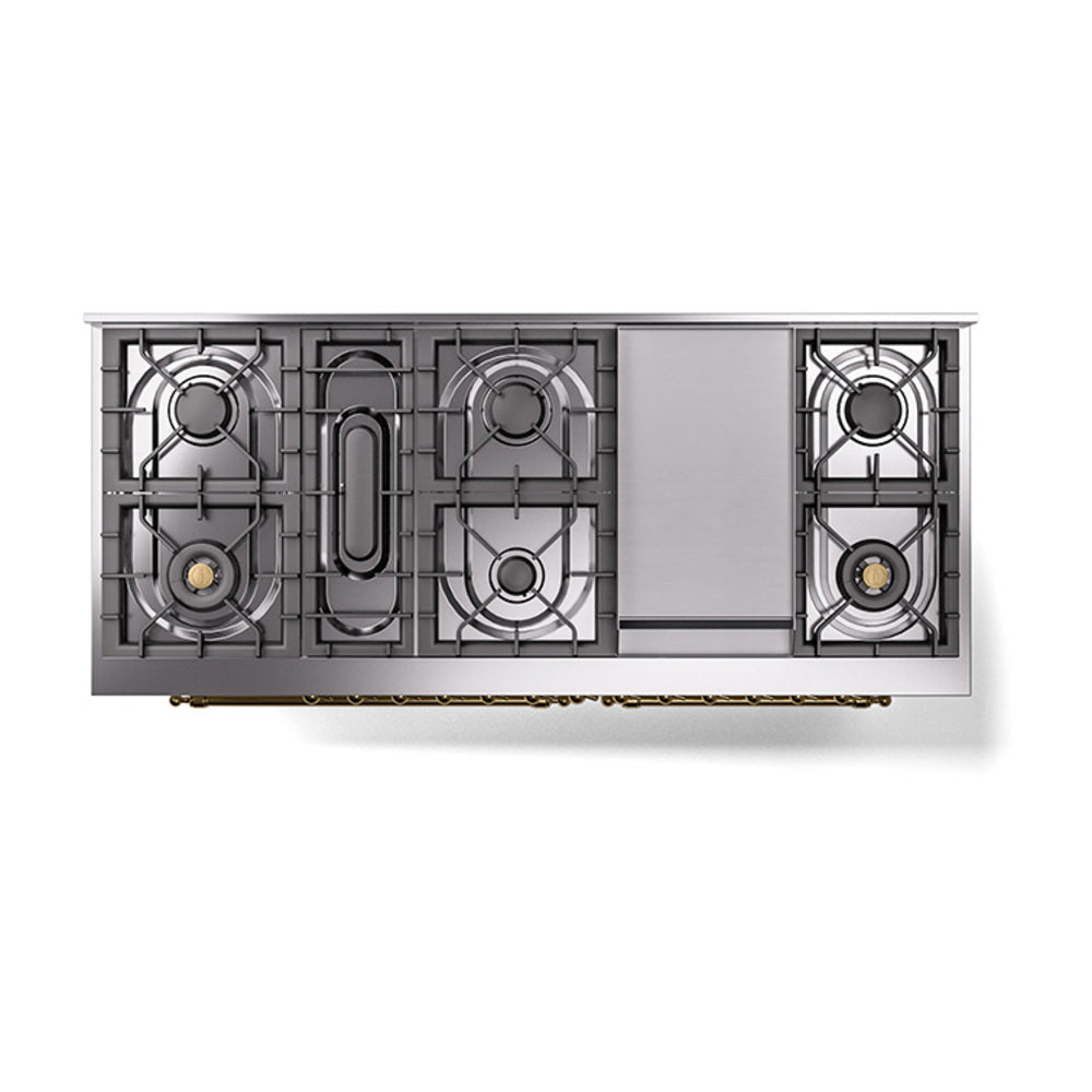 White dual fuel gas range top view with grates and brass-trim accents