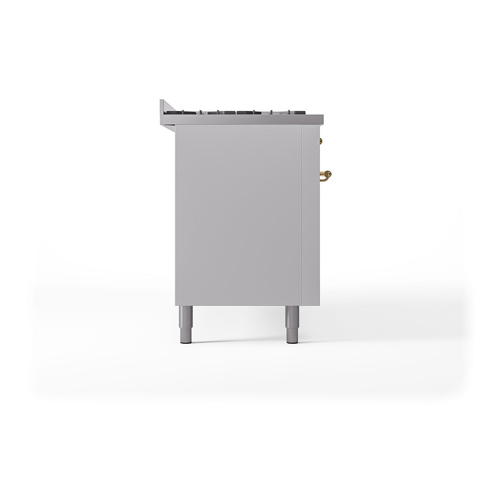 White side panel of dual fuel range with brass fittings and four leveling legs