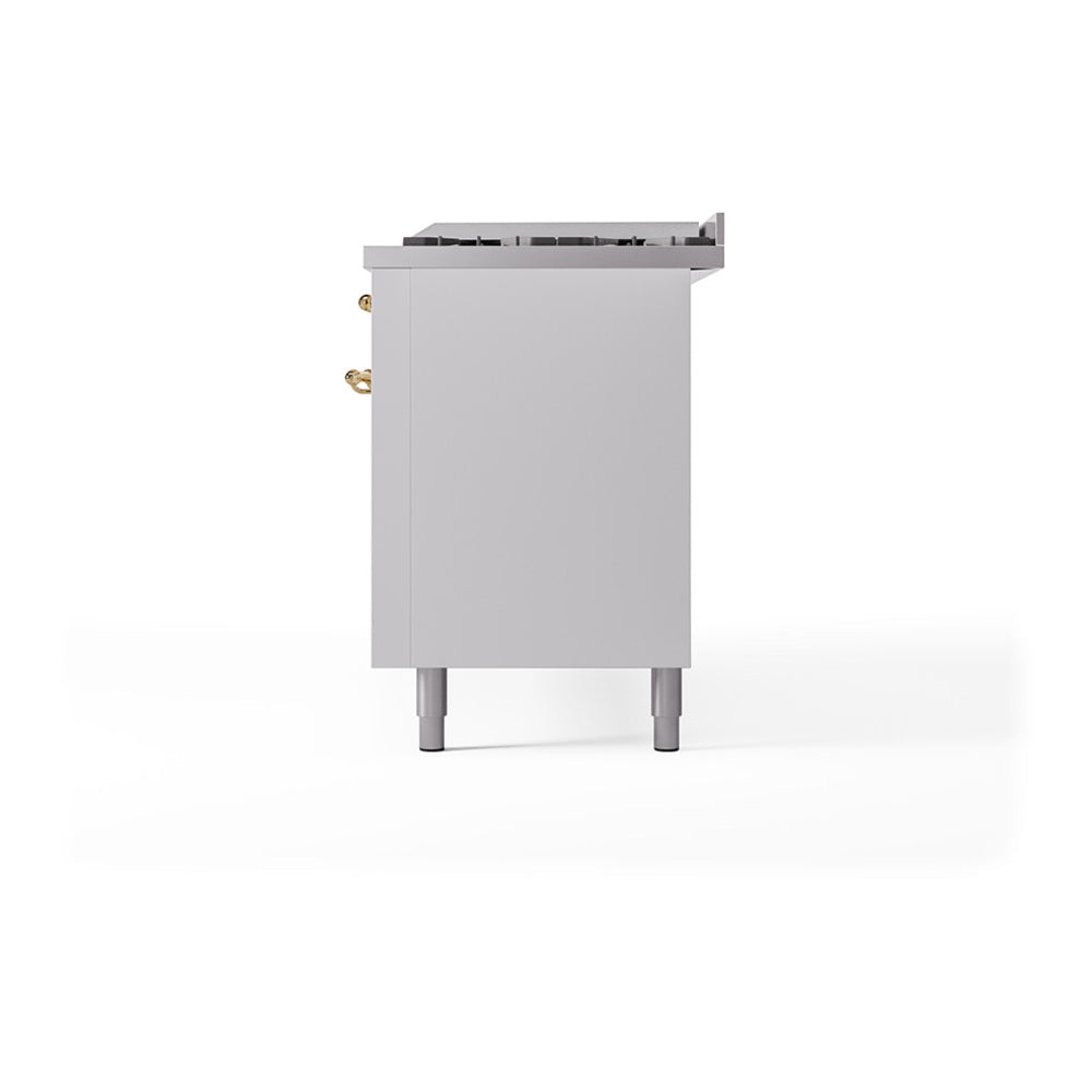 White dual fuel gas range side panel with brass hardware and leveling feet