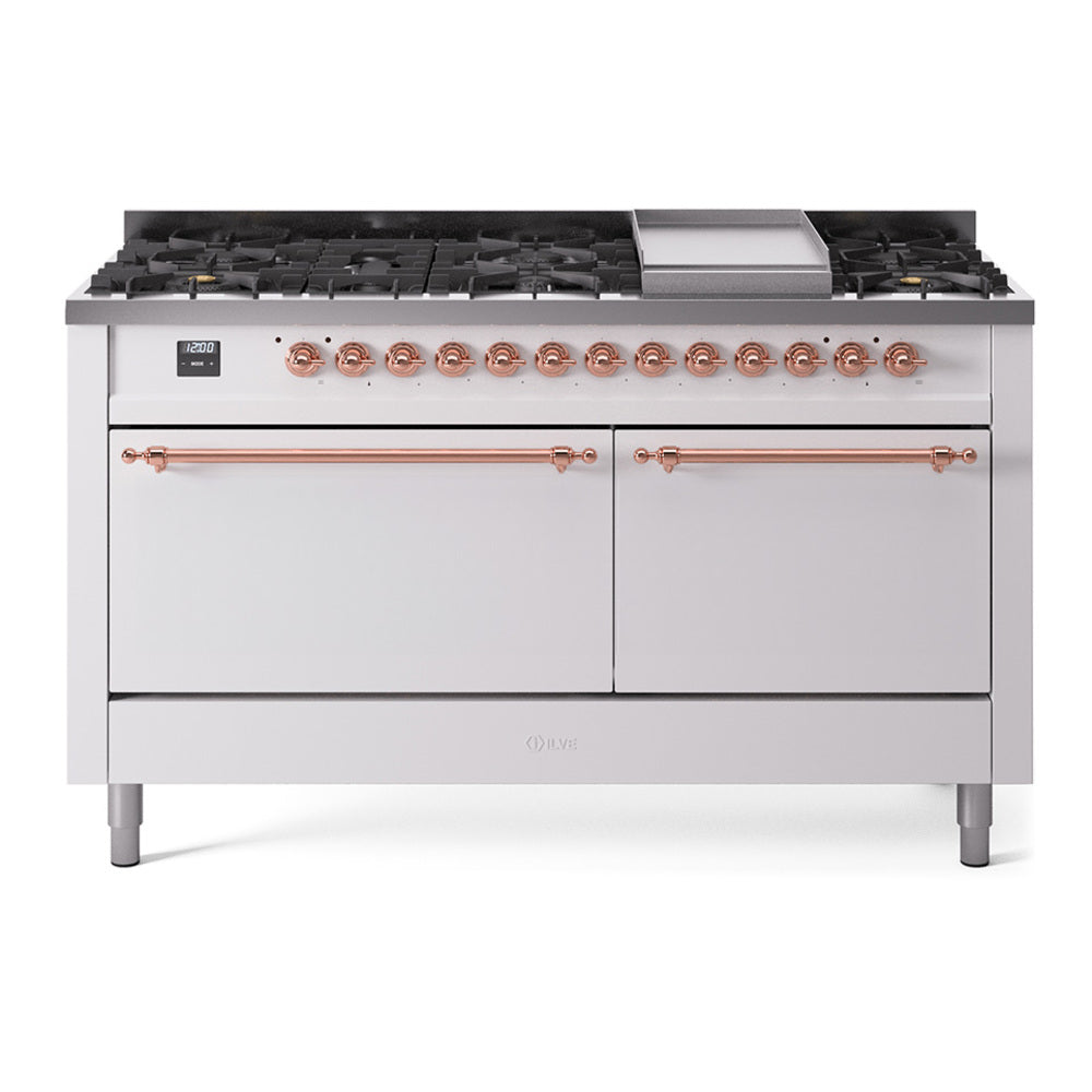 White dual fuel range with copper-trimmed knobs, burners, and griddle top