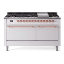 ILVE 60-Inch Nostalgie II Propane Gas Dual Fuel Range with 9 Burners, Griddle, and Solid Door Oven in White with Copper Trim (UP60FQNMPWHPLP)