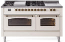 ILVE Nostalgie II 60-Inch Propane Gas Dual Fuel Range with 7 Burners, Griddle, & French Top with Triple Glass Door Oven in Antique White with Bronze Trim (UP60FSNMPAWBLP)