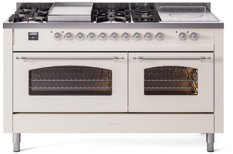 Antique white dual fuel range with burners, griddle, and two glass oven doors.