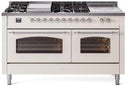 ILVE Nostalgie II 60-Inch Propane Gas Dual Fuel Range with 7 Burners, Griddle, & French Top with Triple Glass Door Oven in Antique White with Chrome Trim (UP60FSNMPAWCLP)