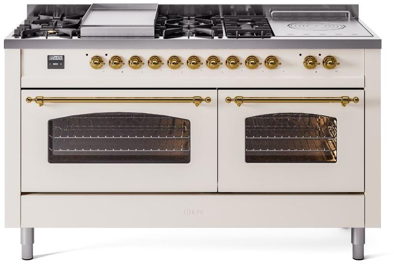 Antique white dual oven range with brass handles and glass-front doors