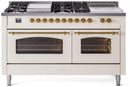 ILVE Nostalgie II 60-Inch Propane Gas Dual Fuel Range with 7 Burners, Griddle, & French Top with Triple Glass Door Oven in Antique White with Brass Trim (UP60FSNMPAWGLP)