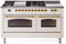 ILVE Nostalgie II 60-Inch Natural Gas Dual Fuel Range with 7 Burners, Griddle, & French Top with Triple Glass Door Oven in Antique White with Brass Trim (UP60FSNMPAWG)