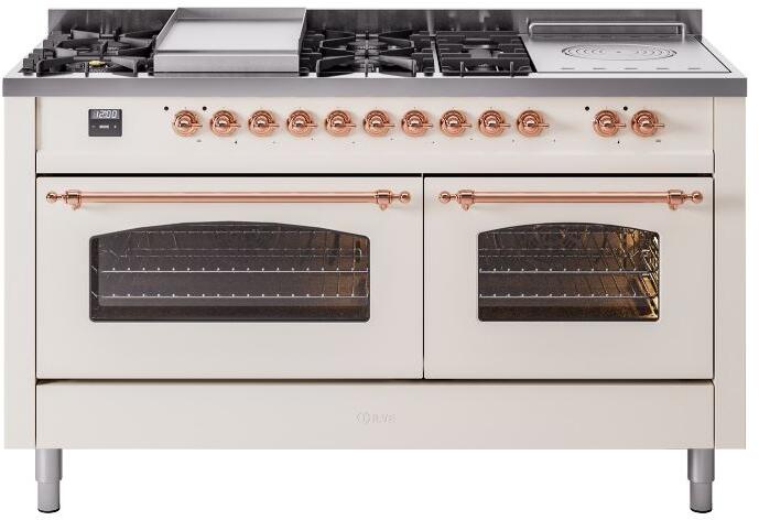 Antique white gas range front with burner knobs and two glass oven doors