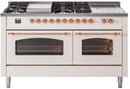 ILVE Nostalgie II 60-Inch Natural Gas Dual Fuel Range with 7 Burners, Griddle, & French Top with Triple Glass Door Oven in Antique White with Copper Trim (UP60FSNMPAWP)