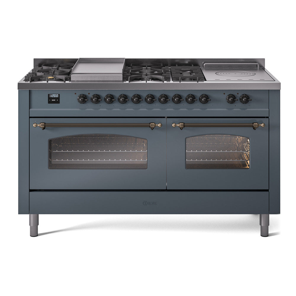 Blue-gray dual fuel gas range with bronze trim, griddle, dual glass-door ovens