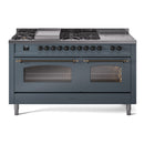 ILVE Nostalgie II 60-Inch Propane Gas Dual Fuel Range with 7 Burners, Griddle, & French Top with Triple Glass Door Oven in Blue Grey with Bronze Trim (UP60FSNMPBGBLP)